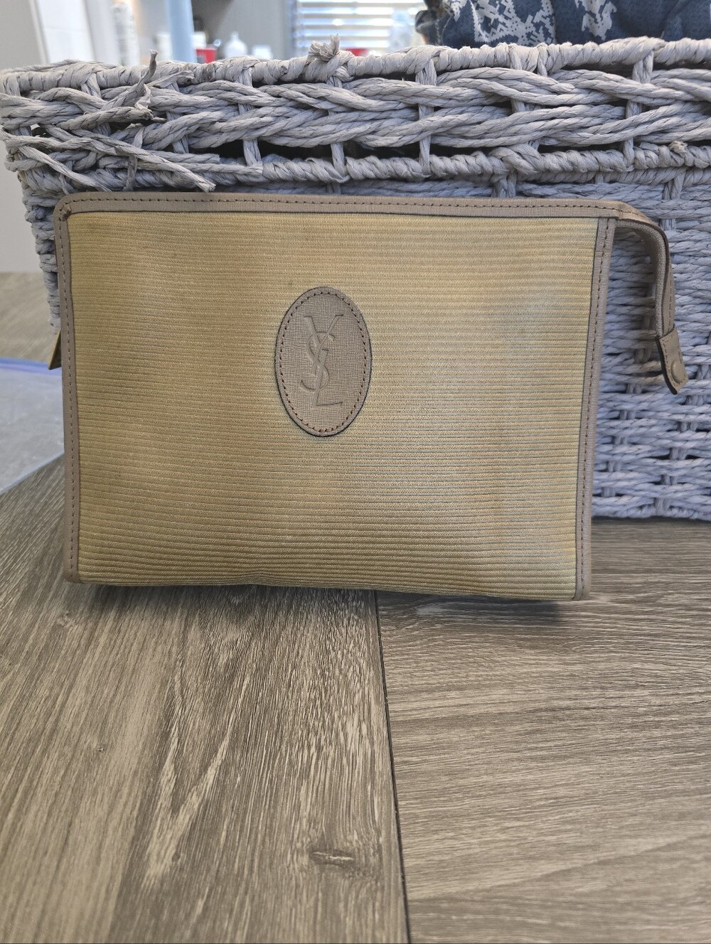 Vintage Yves Saint Laurent Ribbed Canvas Cosmetic Pouch Clutch Bag Beige